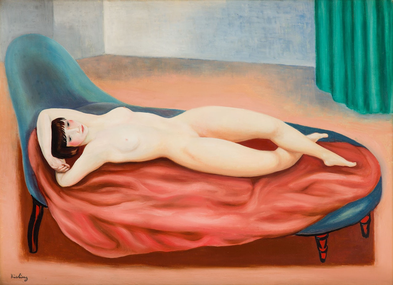Reclining nude on red sheet by Moïse Kisling