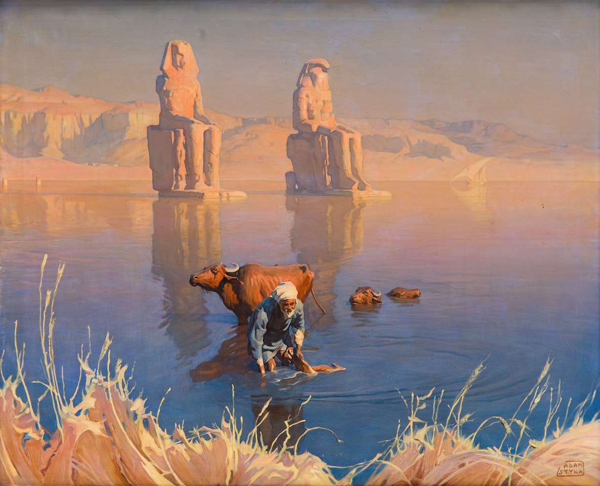Oxen watering by the Colossi of Memnon in Thebes by Adam Styka