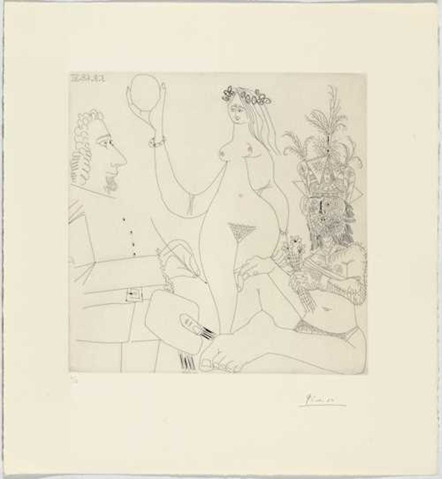 Peintre devant une des trois grâces de Raphaël, et un homme des bois au chapeau de fe te by Pablo Picasso