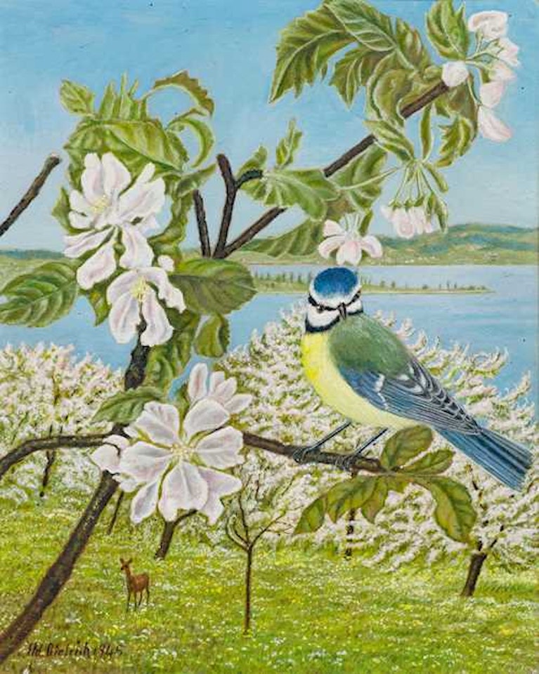 A blue tit on a flowering branch, with deer by Adolf Dietrich