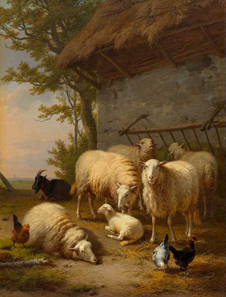 Sheep, goat and chickens at a feeding site by Eugène Joseph Verboeckhoven