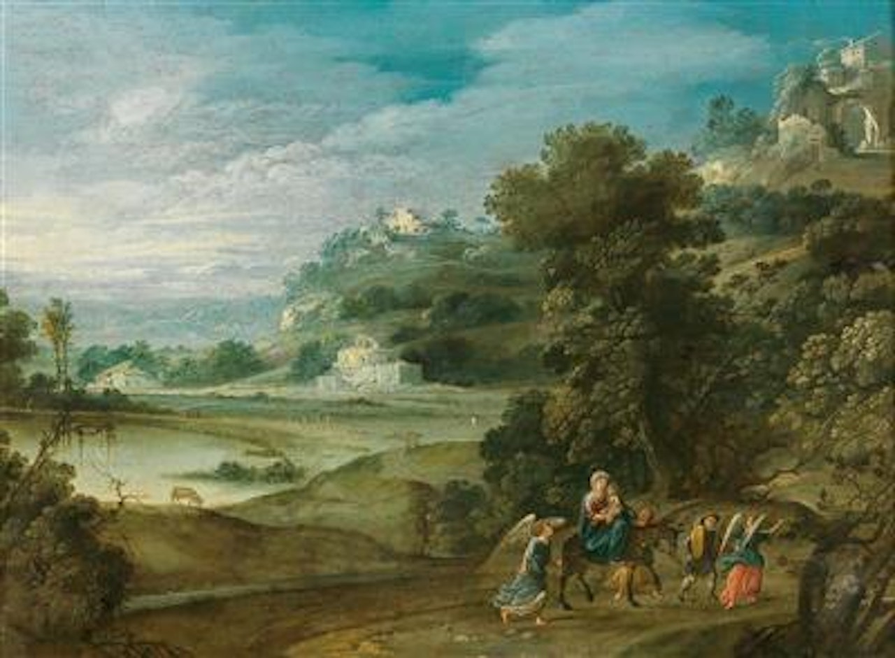 An extensive river landscape with the Flight into Egypt by Paul Bril