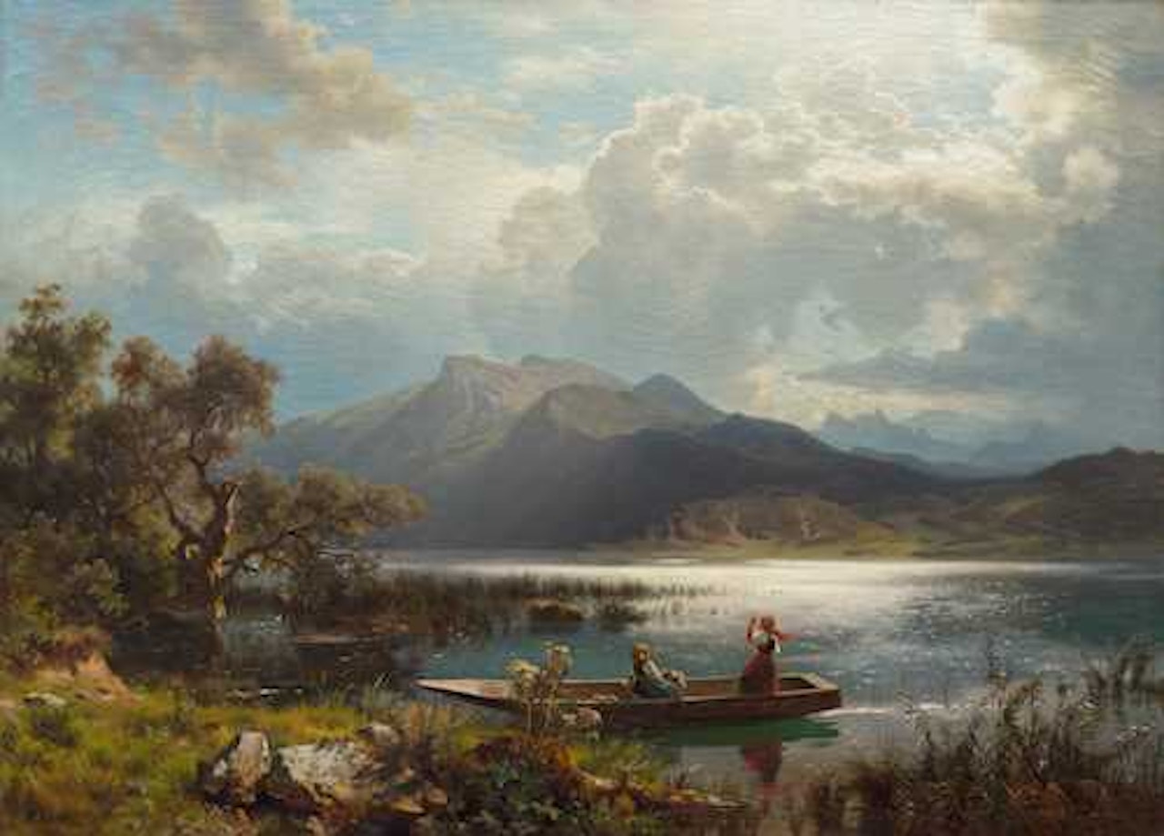 Shimmering mountain lake with girls in a boat by August Wilhelm Leu