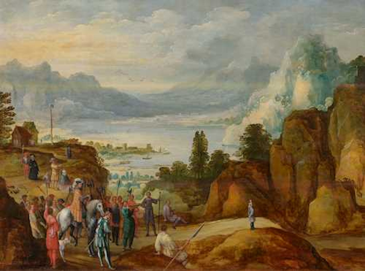 Mountain landscape with William Tell shooting his bow and arrow by Joos de Momper the Younger