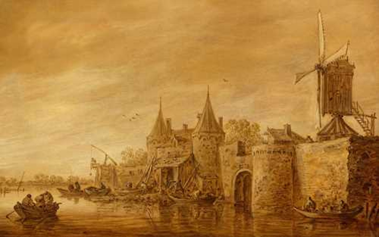 View of a town by a river with windmill by Jan van Goyen