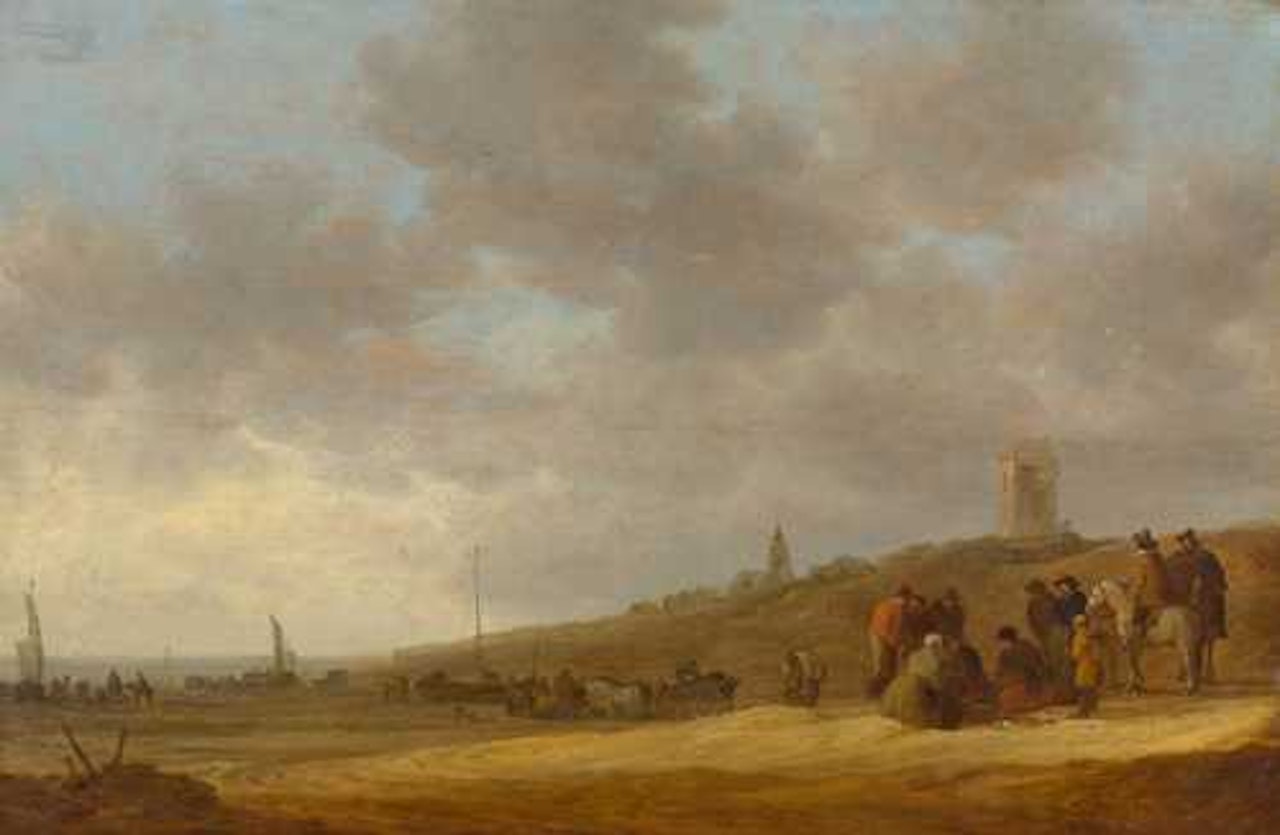 Rider and fisher folk in a broad dune landscape with a church in the background by Jan van Goyen