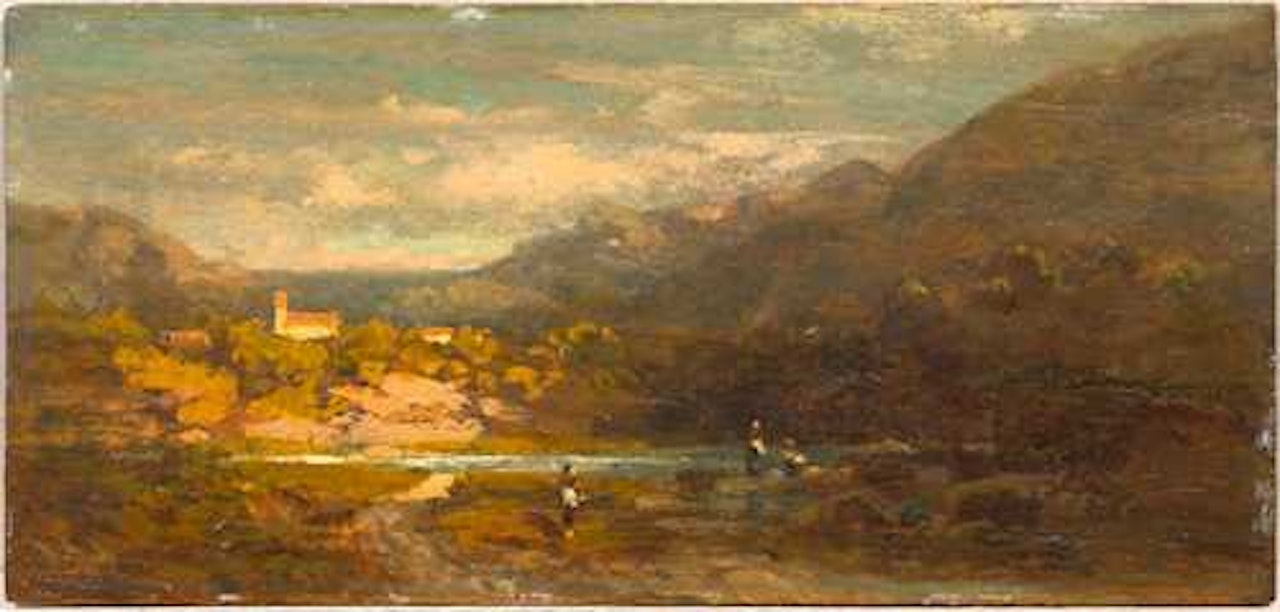 A landscape with a river and three figures before a valley with a church on the left by Carl Spitzweg