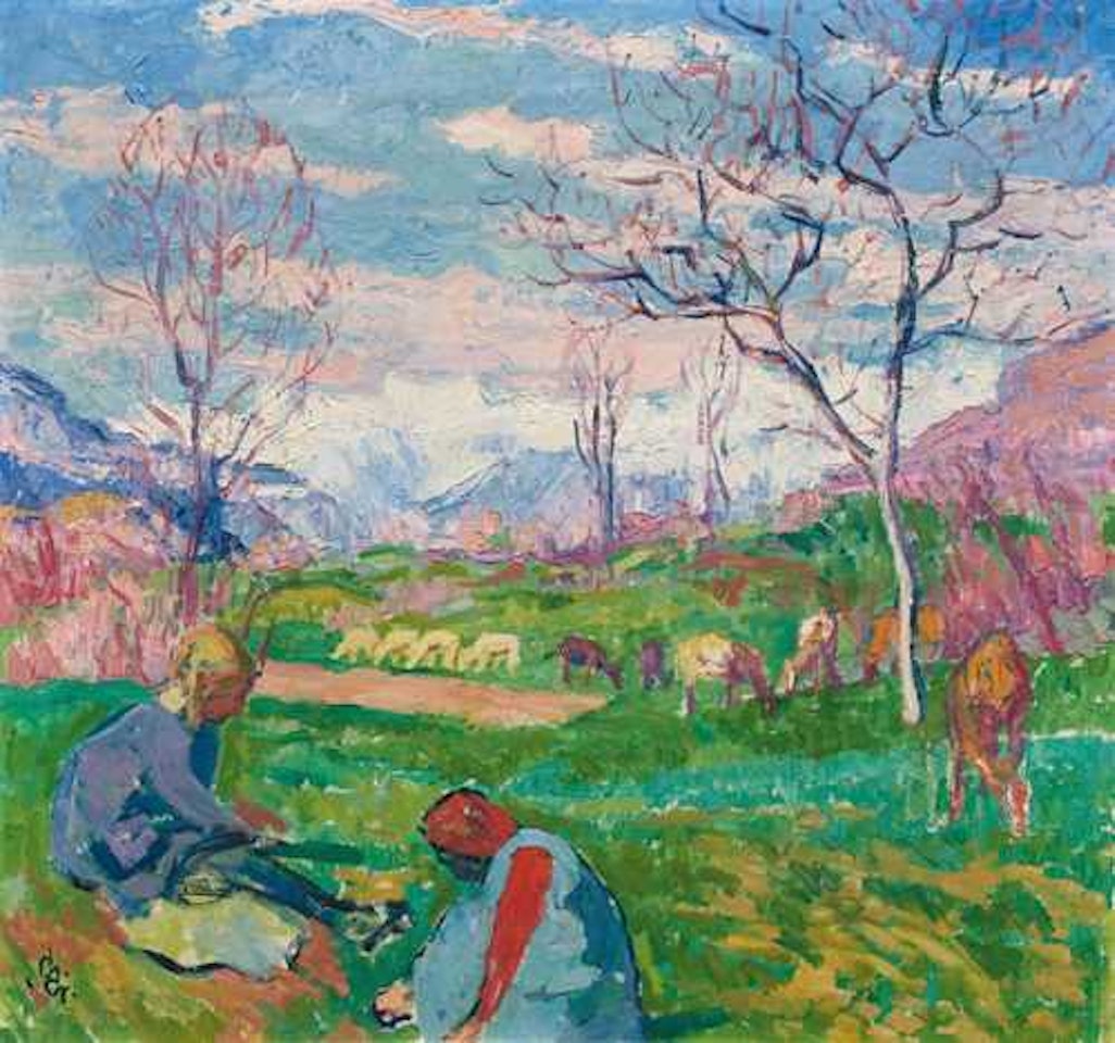 Pastures near Stampa with children and grazing cattle by Giovanni Giacometti