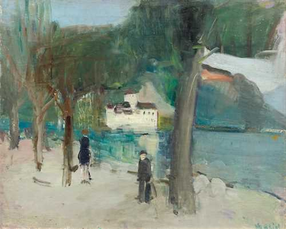 Promenade along Lake Geneva with Chillon Castle by Willy Guggenheim Varlin