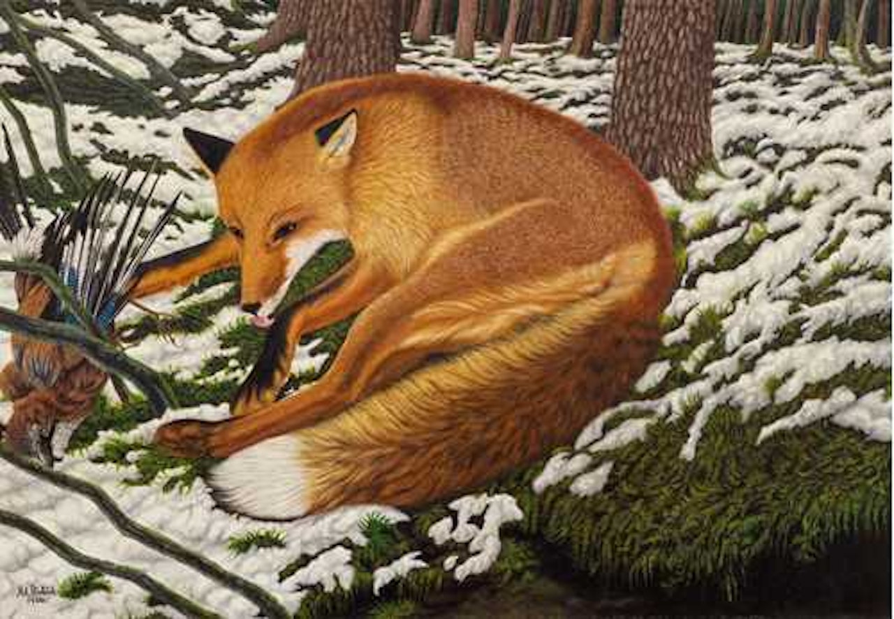 Fox with a jay by Adolf Dietrich