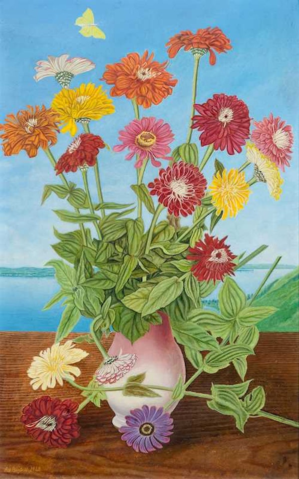 Bouquet of zinnias before Lower Lake Constance with view of Berlingen by Adolf Dietrich