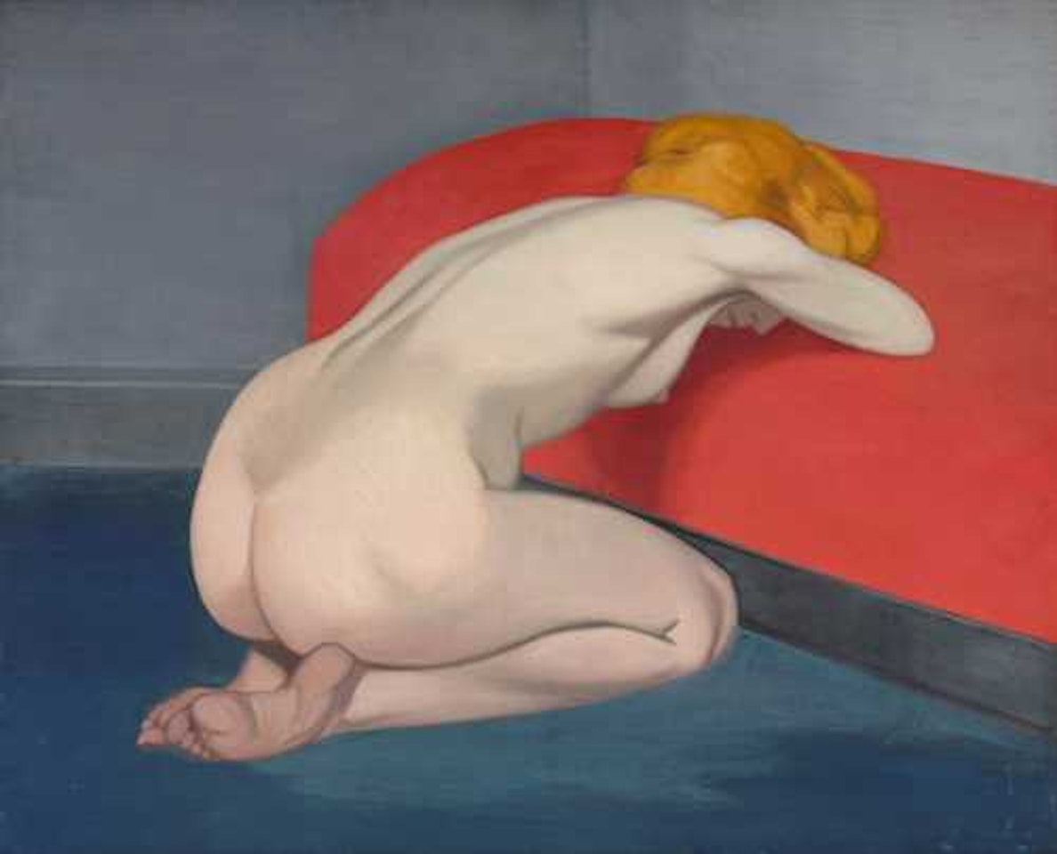 Femme nue agenouillée devant un canapé rouge by Félix Vallotton