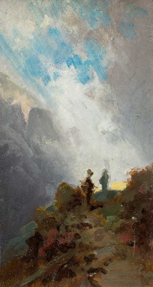An oil study of an alpine dairymaid in high mountains by Carl Spitzweg