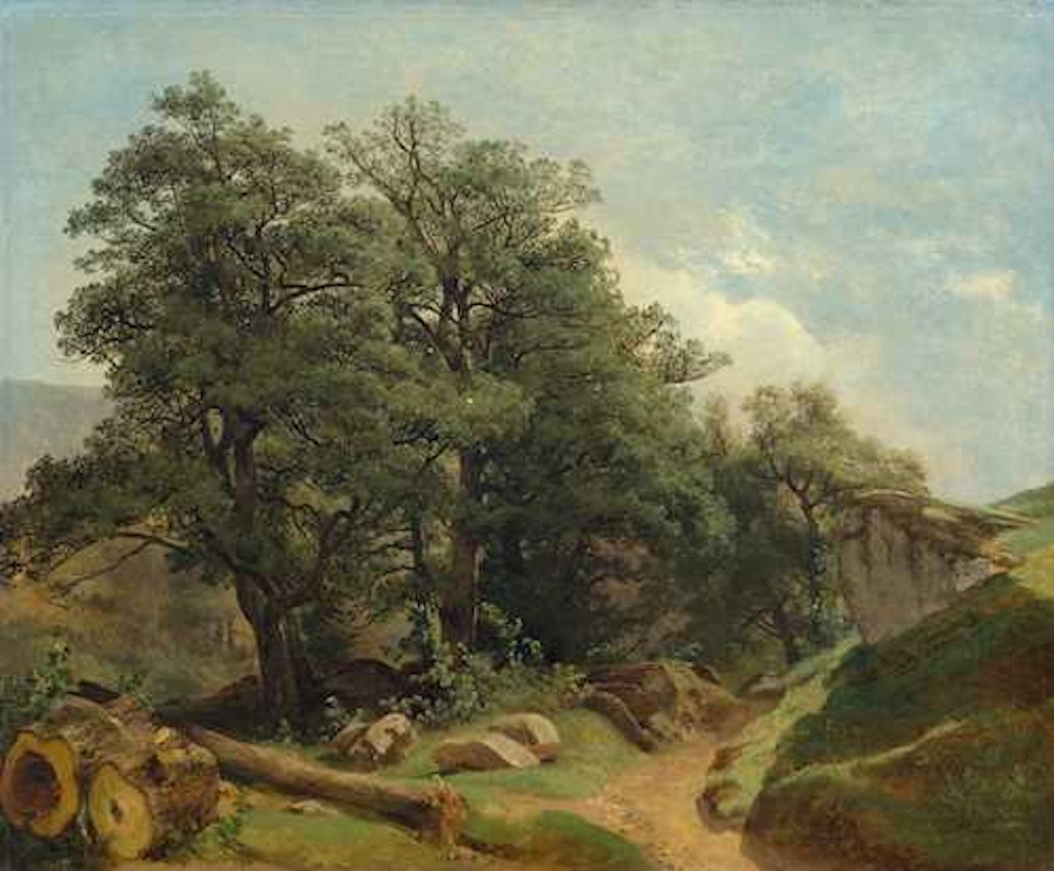 Bouquet de chênes sur une pente au bord d"un chemin by Alexandre Calame
