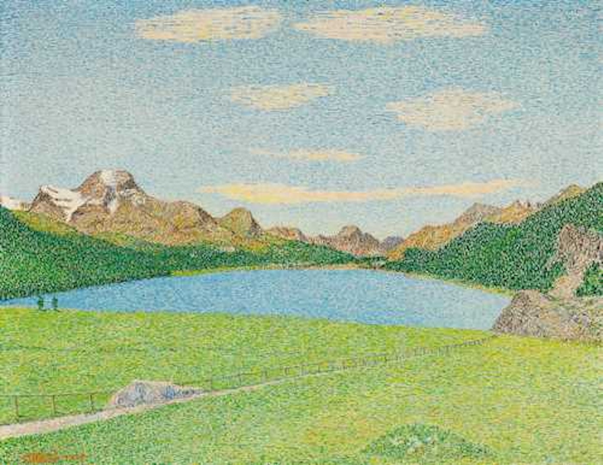 Summer landscape in Engadine, with a view over lake Silser towards Maloja by Gottardo Segantini