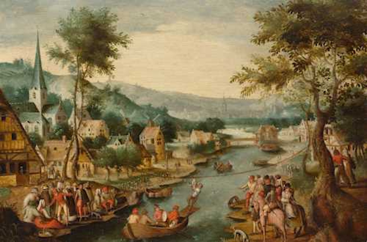 Broad landscape with village festival "gans trekken" by Flemish School