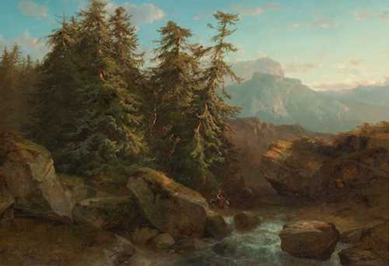 Sapins, cours d"eau, soleil couchant by Alexandre Calame