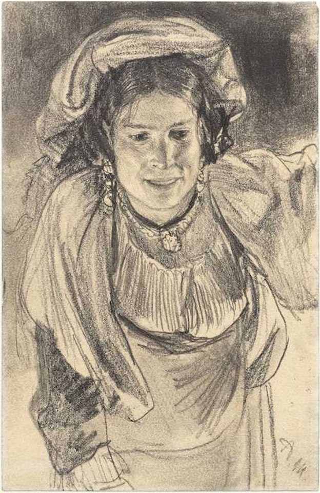Female figure in traditional costume leaning forward, from the front (Maria Cocozza) by Adolph Menzel