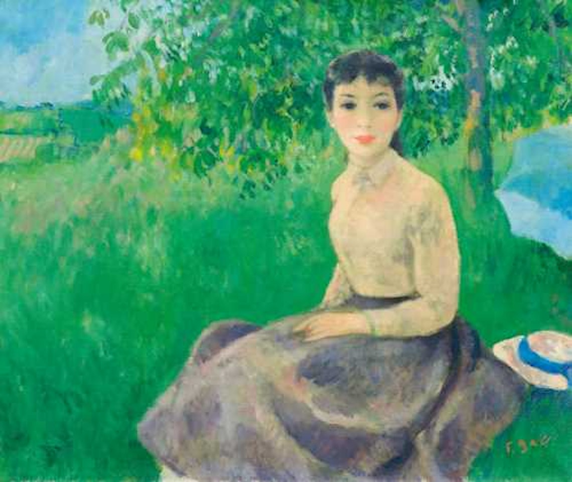 La jeune Eugénie à l"ombrelle bleue, assise dans un pré. by François Gall