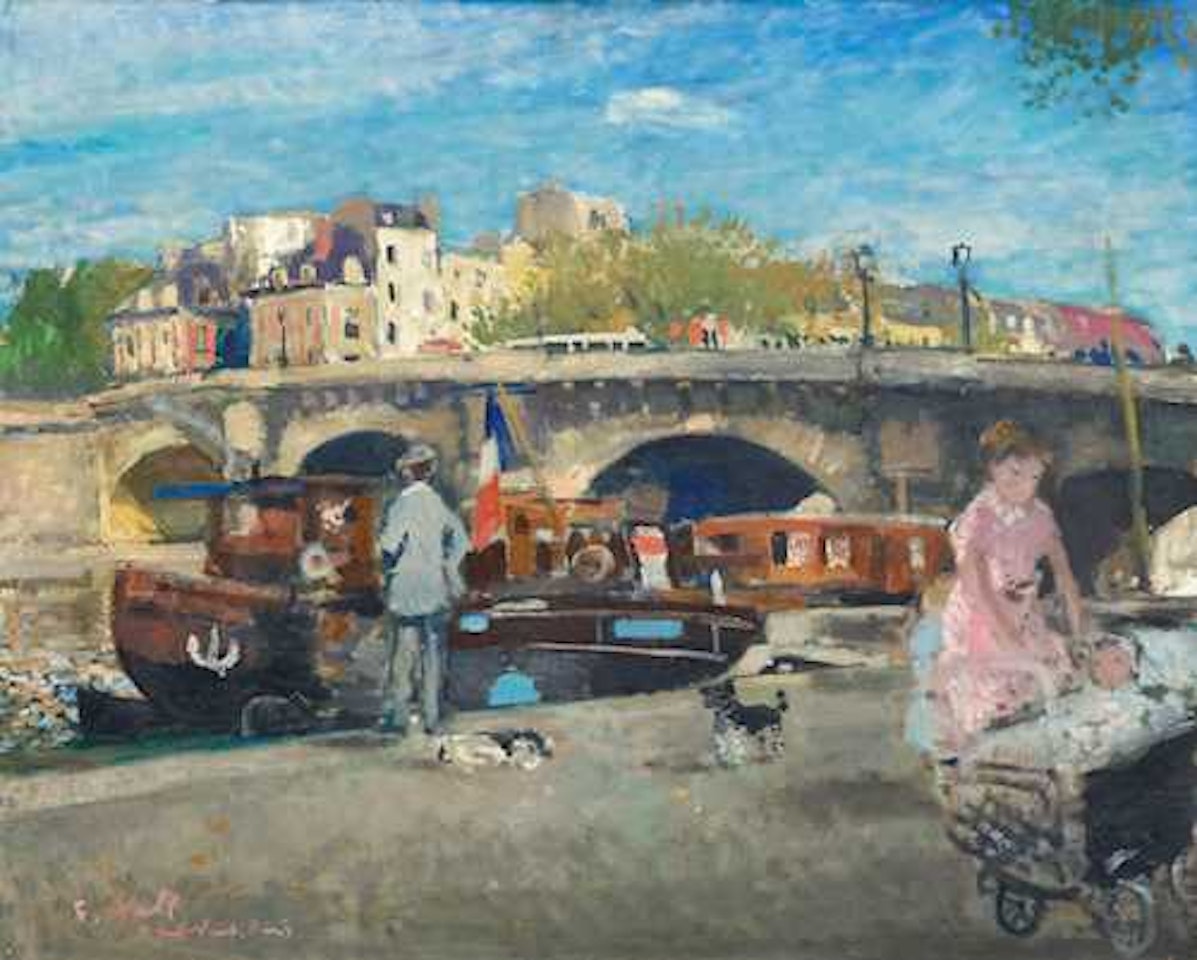 Eugénie Gall et ses enfants au landau, sous le Pont Neuf by François Gall