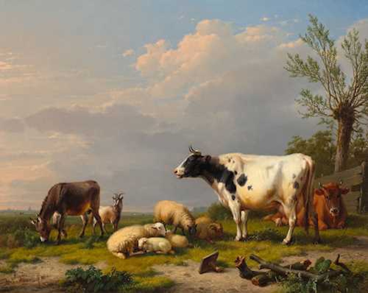 A landscape with a herd of sheep, cows, donkey and goat by Eugène Joseph Verboeckhoven