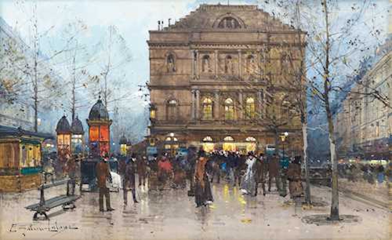 Sortie du théâtre de l‘Ambigu-Comique, Boulevard Saint Martin, Paris by Eugene Galien-Laloue