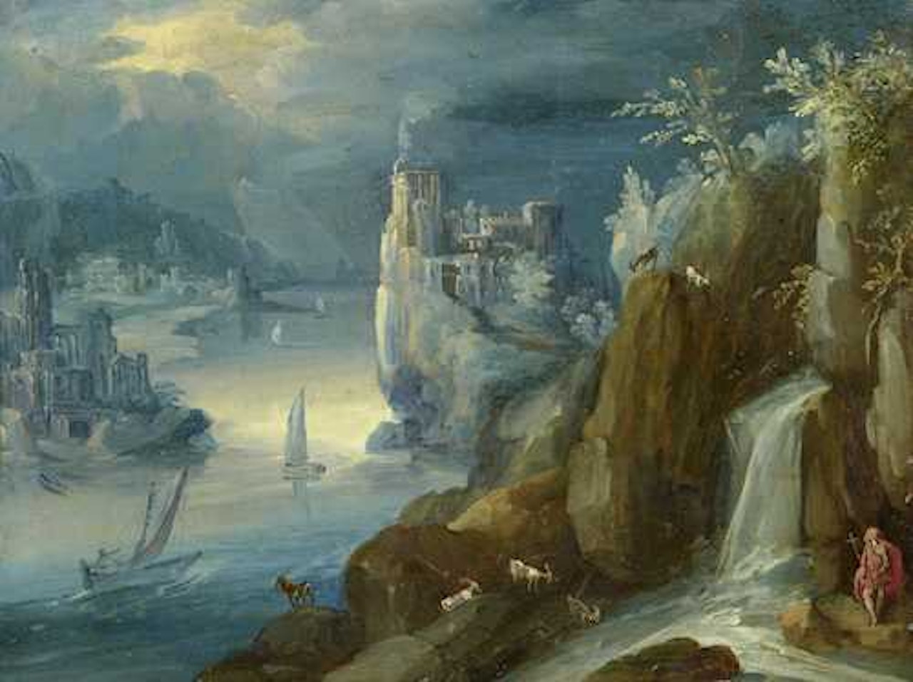Rocky river landscape with hermit. by Paul Bril