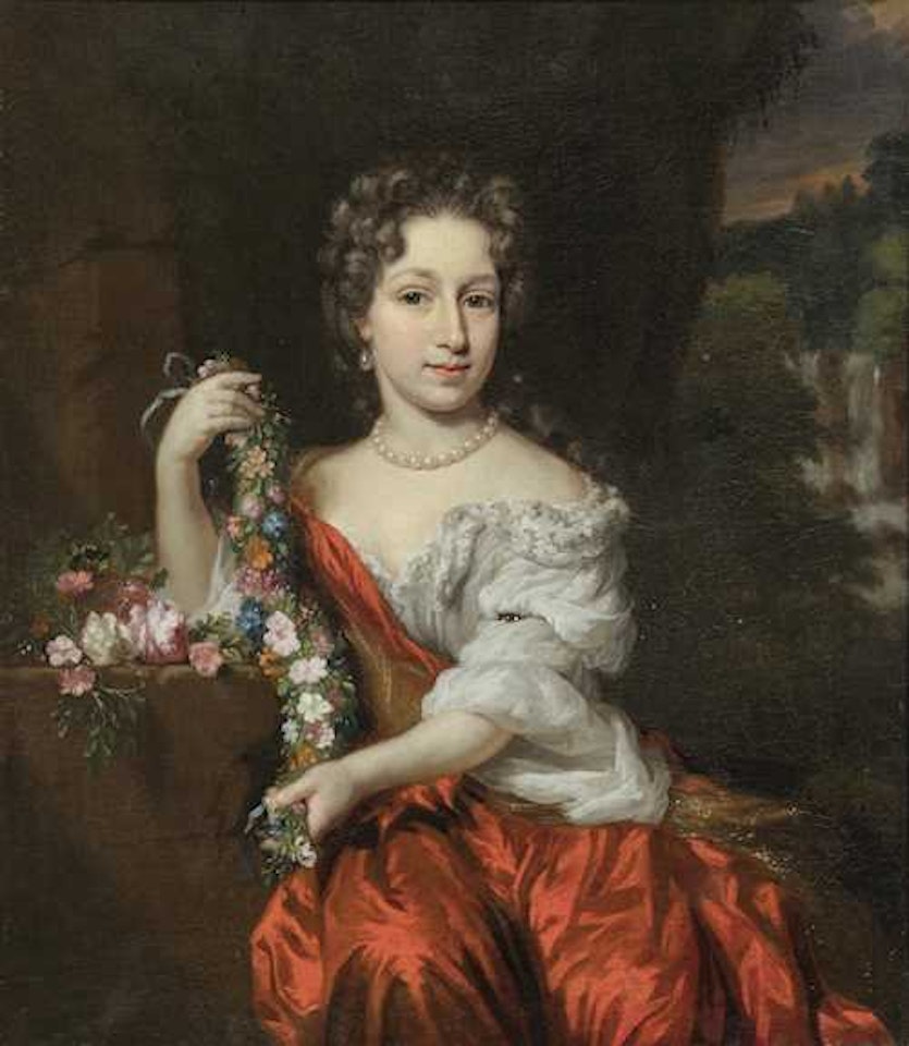 Portrait of a young woman with a garland of flowers by Nicolaes Maes
