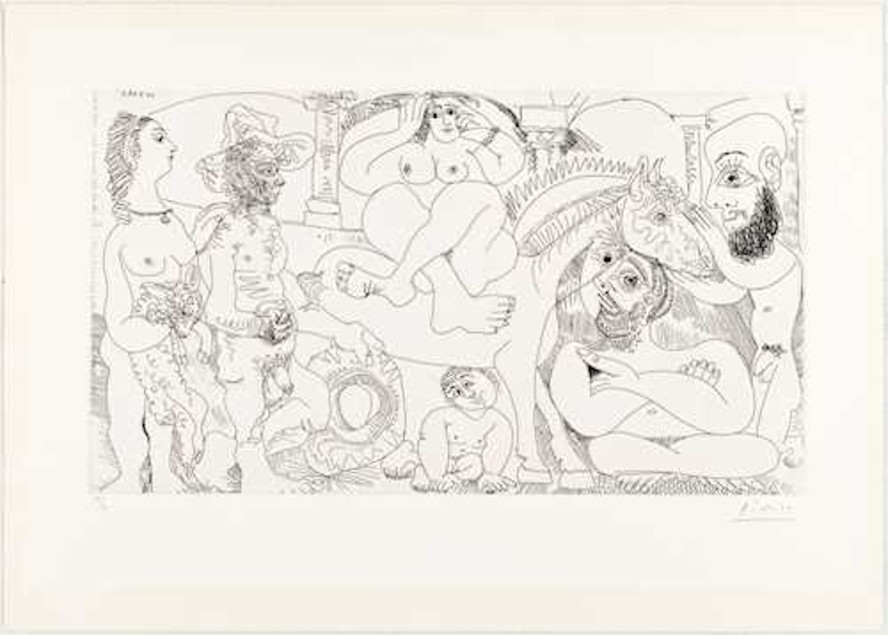 Groupe avec femme à l"Agneau, odalisque-écuyère et autoportrait en garagiste by Pablo Picasso