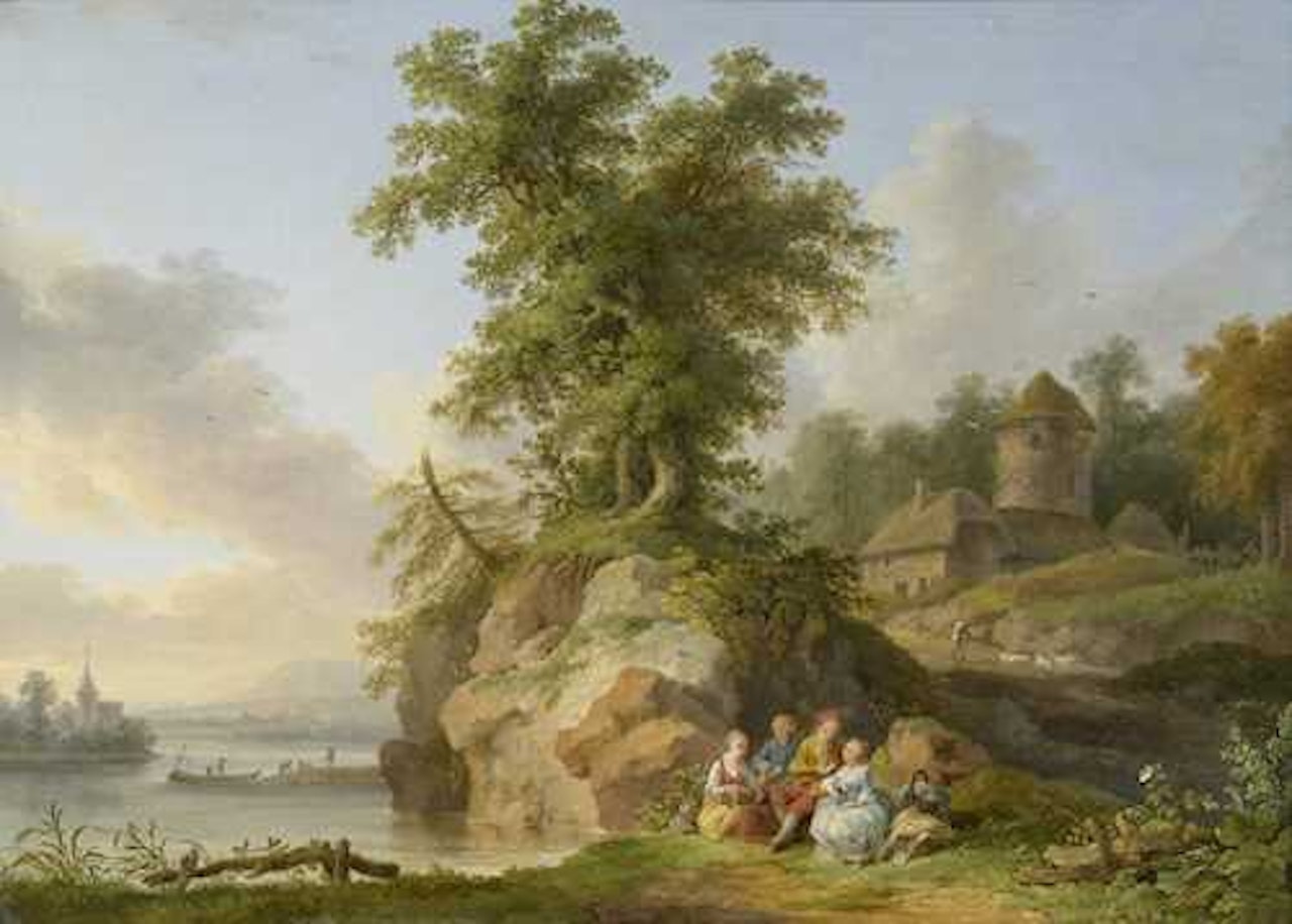 River landscape with walkers resting by Jacob Philipp Hackert