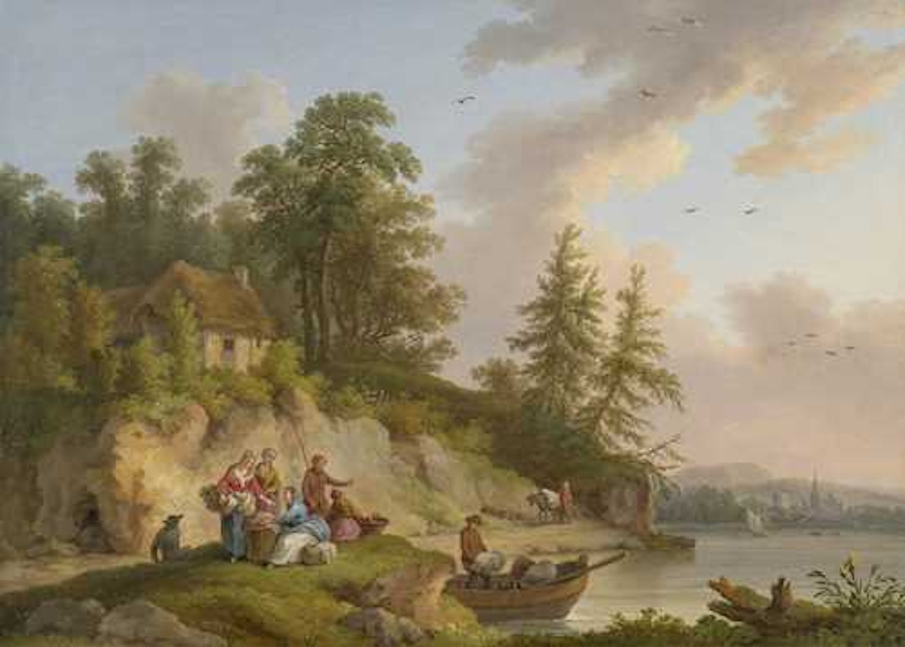 River landscape in France with fishermen and traders by Jacob Philipp Hackert
