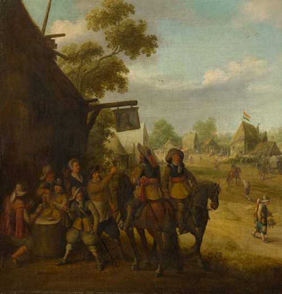 Two riders resting before an inn. by Joost Cornelisz Droochsloot