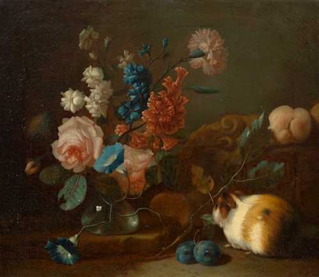 Still life with flowers, fruits and guinea pig. by Franz Werner von Tamm