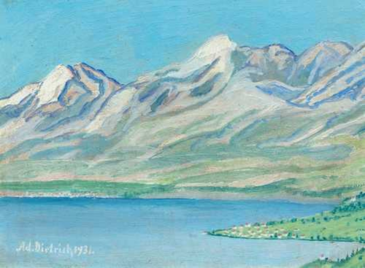 A small lake landscape by Adolf Dietrich