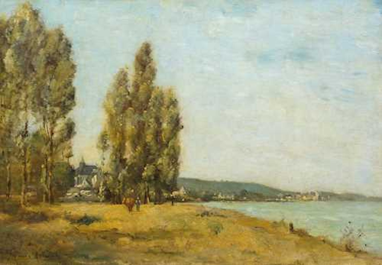 Shore landscape with figures and houses in the background by Paul Désiré Trouillebert