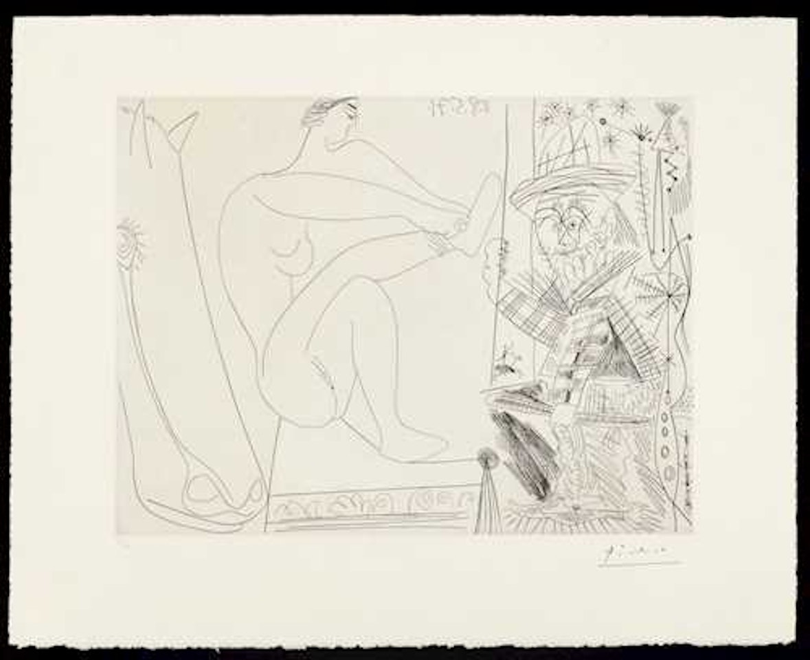 Au cirque. Écuyère se chaussant dans les coulisses et clown au trapèze by Pablo Picasso