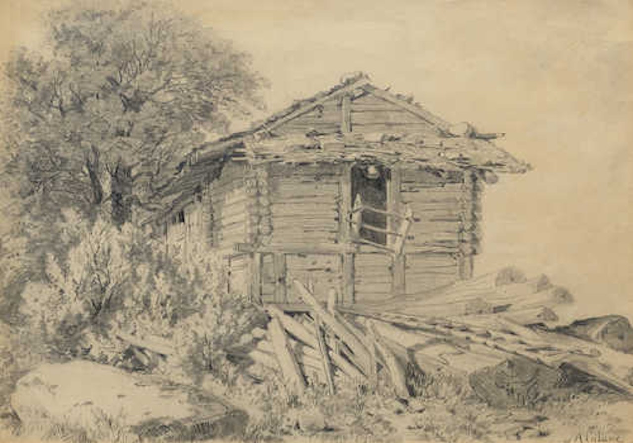 Hay barn amongst rocks, bushes and trees by Alexandre Calame