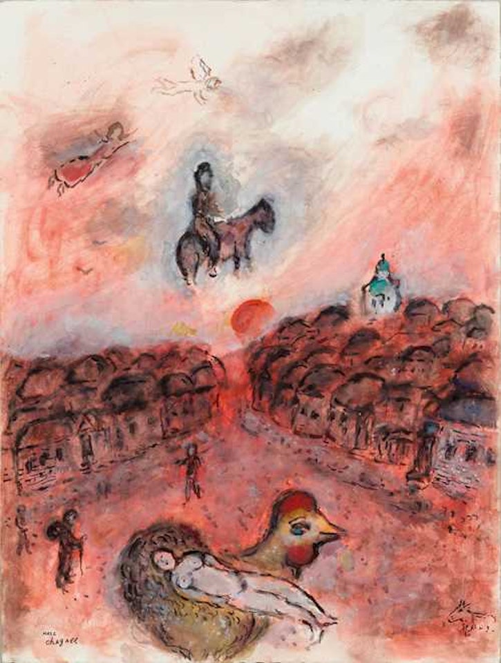 Repos sur coq et chevauchée au village rouge by Marc Chagall