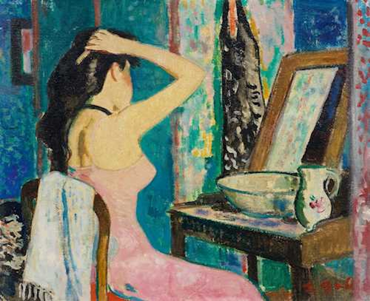 Elle coiffe sa longue chevelure devant le miroir by François Gall