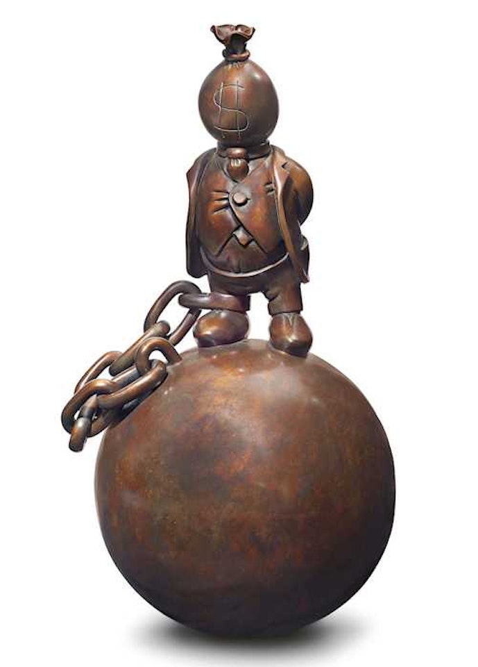 Money bag man with ball and chain by Tom Otterness