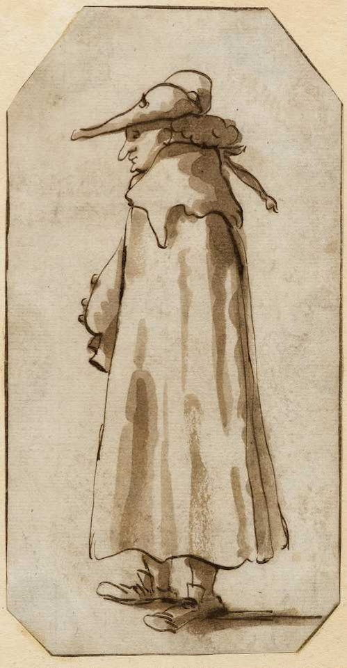 Caricature of a standing nobleman with cloak in side view to the right by Giovanni Battista Tiepolo