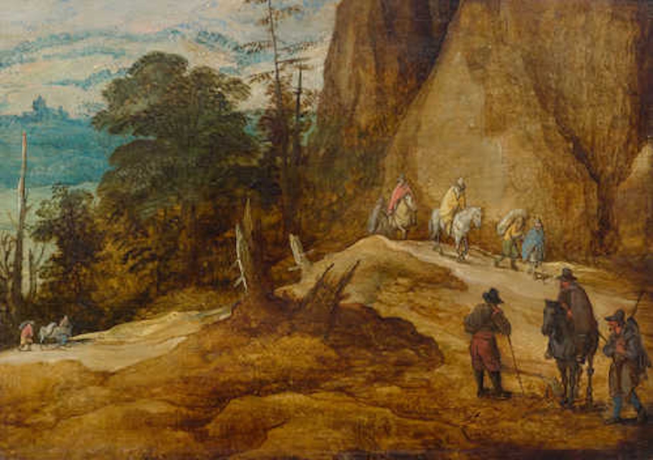 Mountainous wooded landscape with travellers. by Joos de Momper the Younger