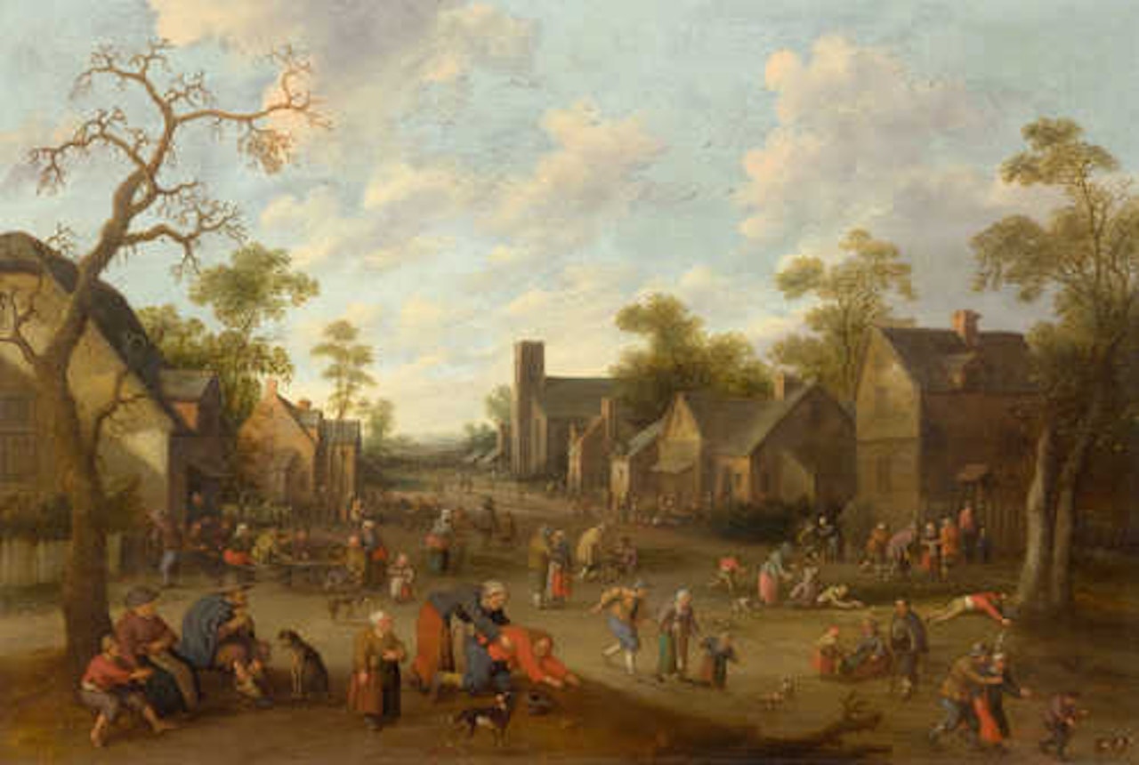 Village in a landscape with figures by Joost Cornelisz Droochsloot
