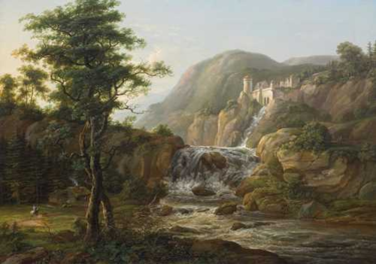 Gebirgslandschaft mit Wasserfall, Burganlage und Reisendem zu Pferd vor einer Hütte by Johan Christian Clausen Dahl