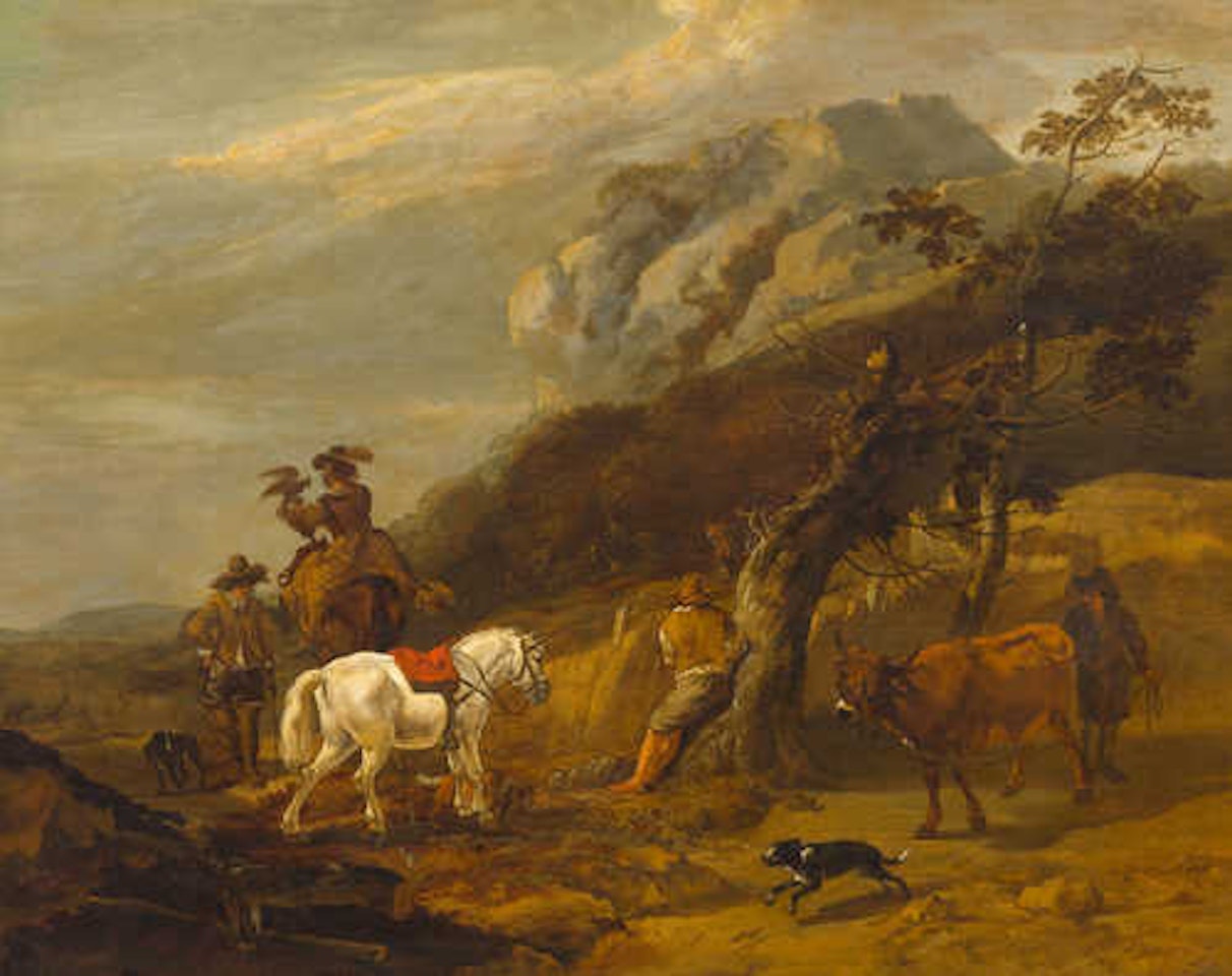 Falconer and shepherd in a landscape. by Nicolaes Pietersz Berchem