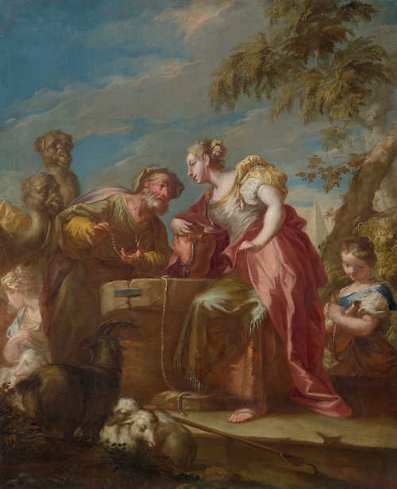 Rebecca and Eliezar at the well. by Gaspare Diziani