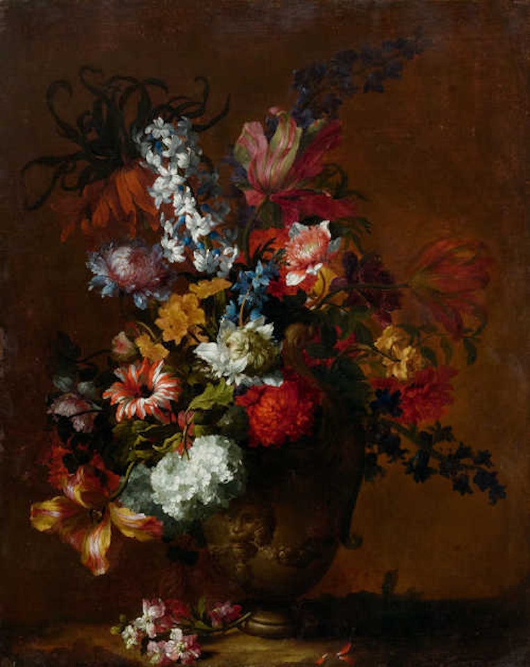 Still life of flowers, with tulips, anemones and hyacinths in a stone vase with lions by Jean Baptiste Monnoyer