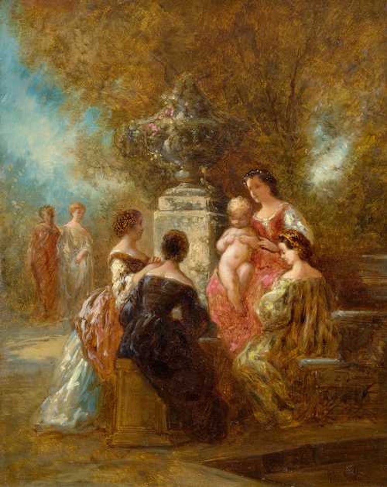 Ladies in elegant dress in a park by Adolphe Monticelli