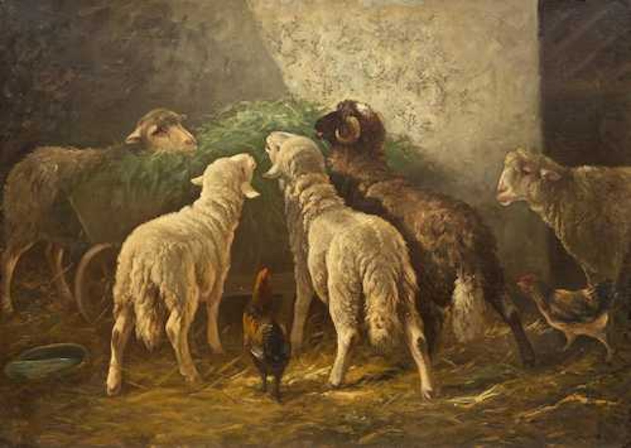 Sheep in a barn. by Heinrich von Zugel
