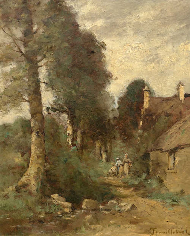 Figures in a village at the forest edge. by Paul Désiré Trouillebert
